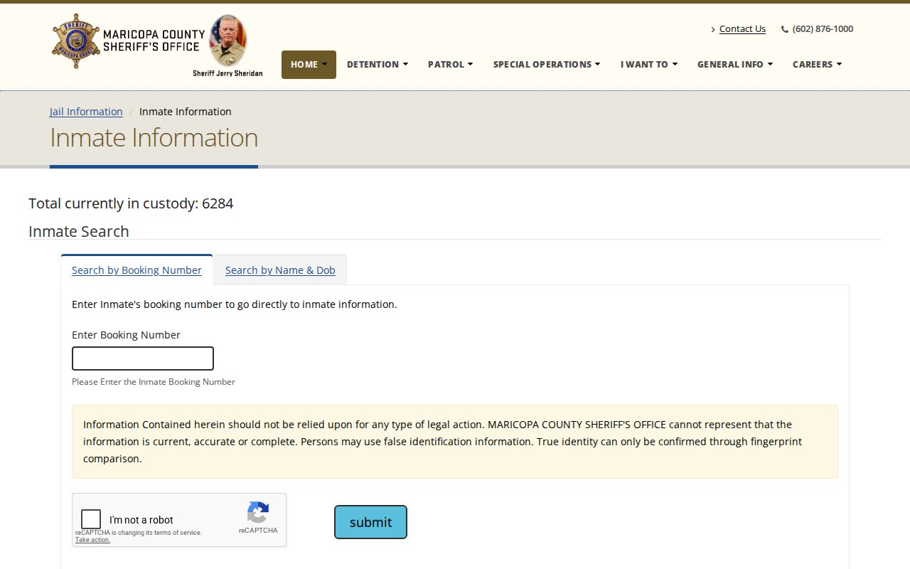 Maricopa County current custody inmate search interface