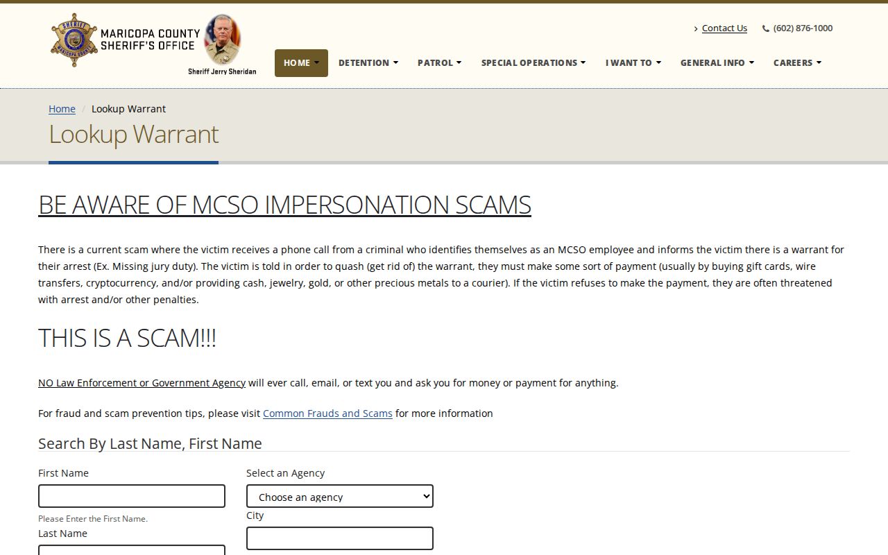 Maricopa County official MCSO warrant check form and fraud warning
